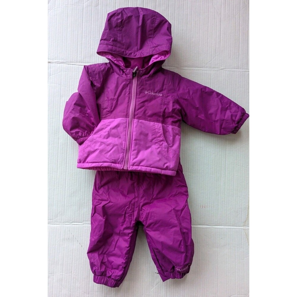 Columbia Baby 6-12 Months Pink Purple Fleece Lined Hooded Jacket Snow Bib Set